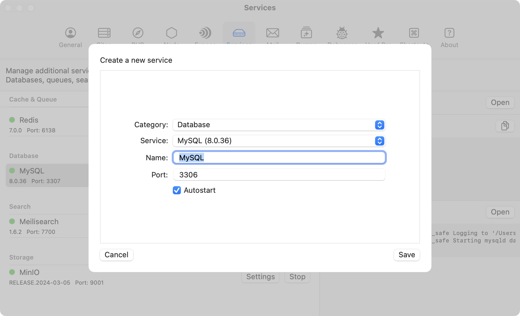 Screenshot of MySQL settings