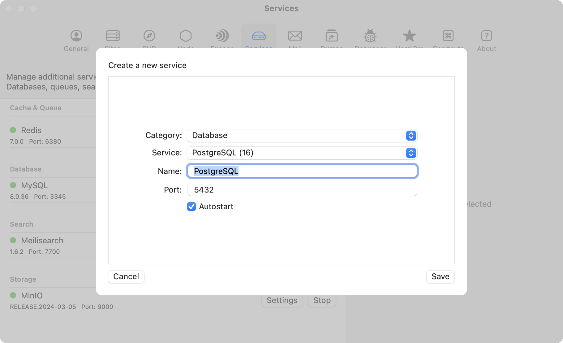 Screenshot of PostgreSQL settings