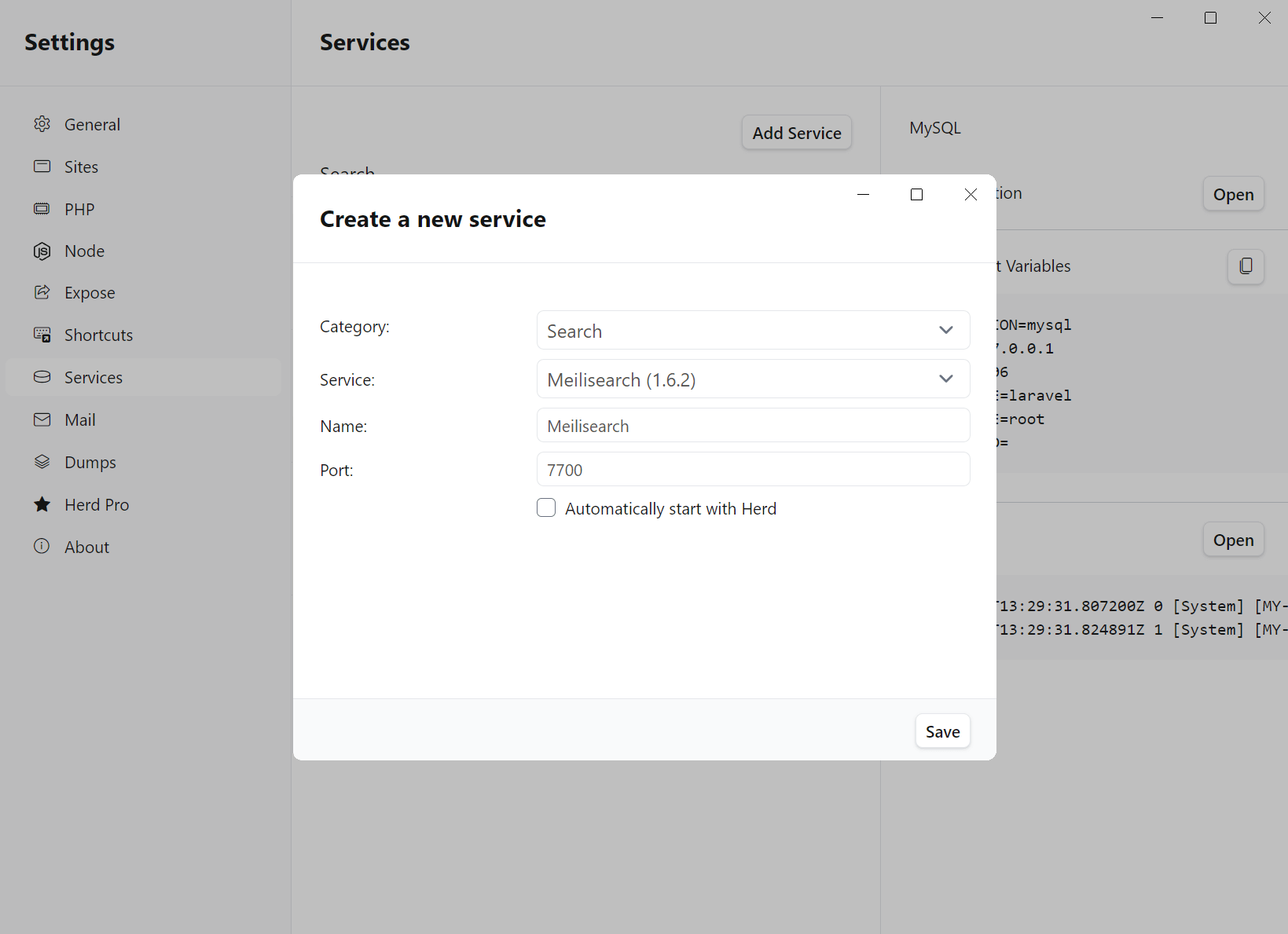 Screenshot of Meilisearch settings